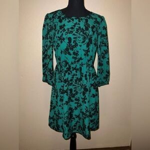 Fossil Sz M‎ Green Black Floral 3/4 Sleeve Gold Zipper Mini Women Dress Flaw